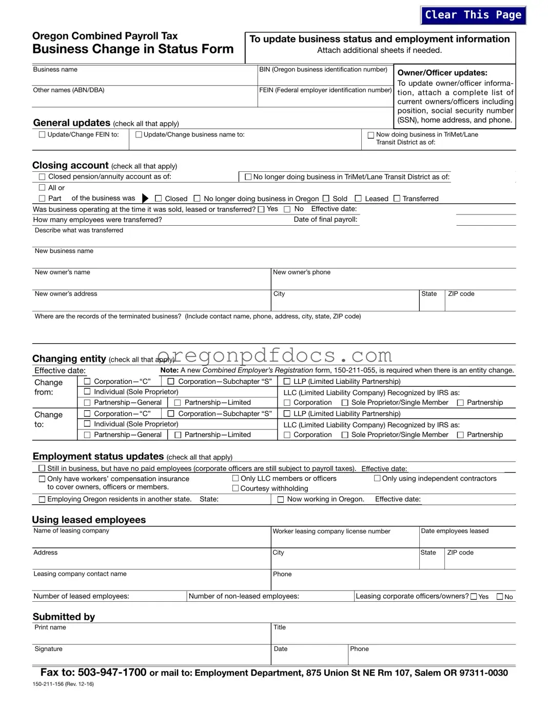 Free Bin Oregon Form