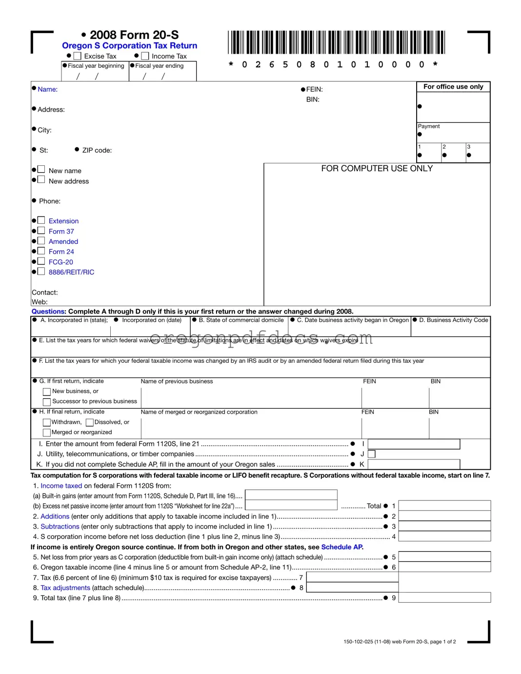 Free Oregon 20 S Form