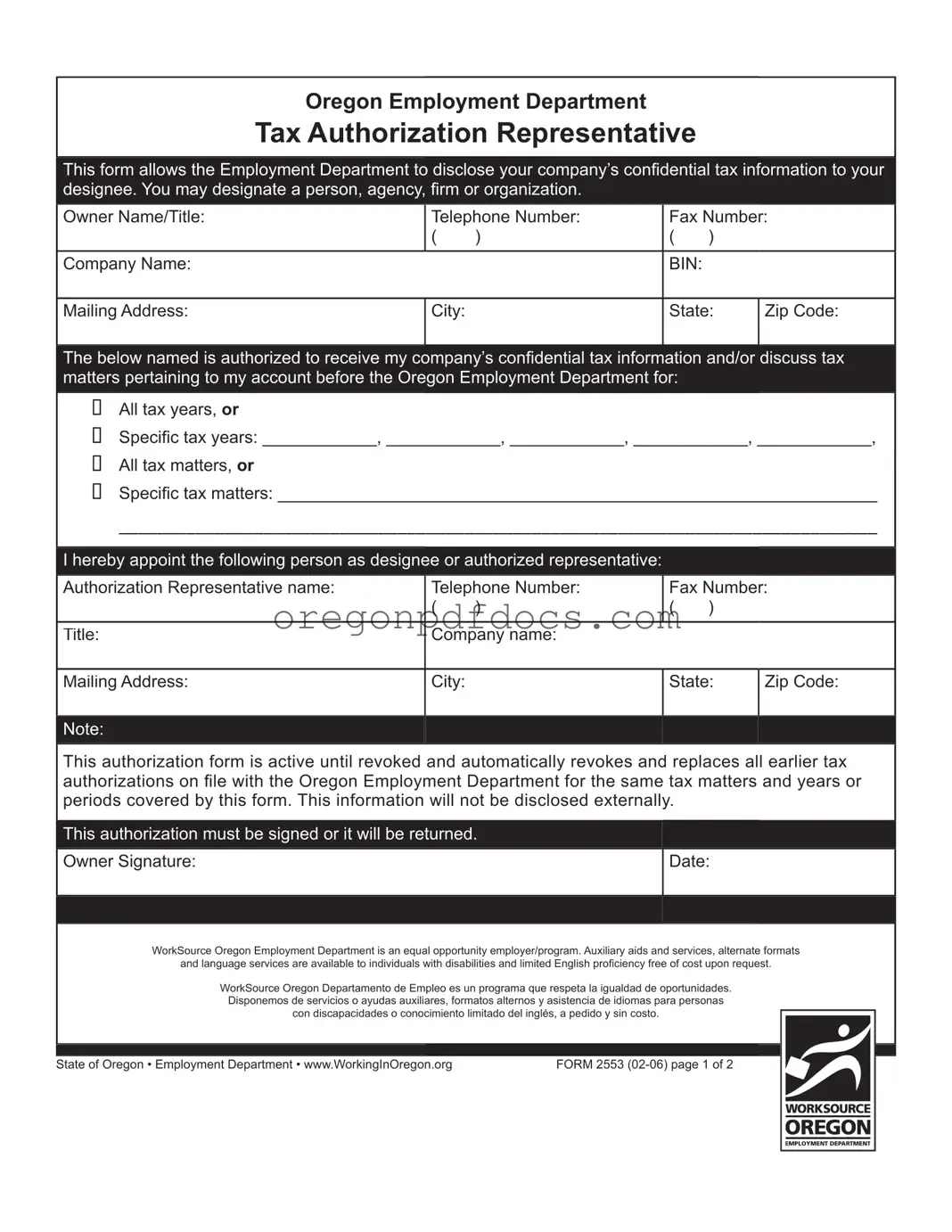 Free Oregon 2553 Form