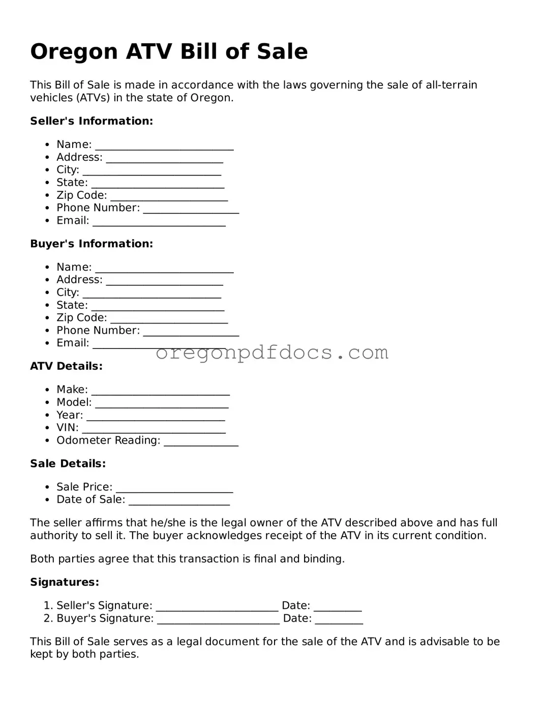 Printable Oregon ATV Bill of Sale Document