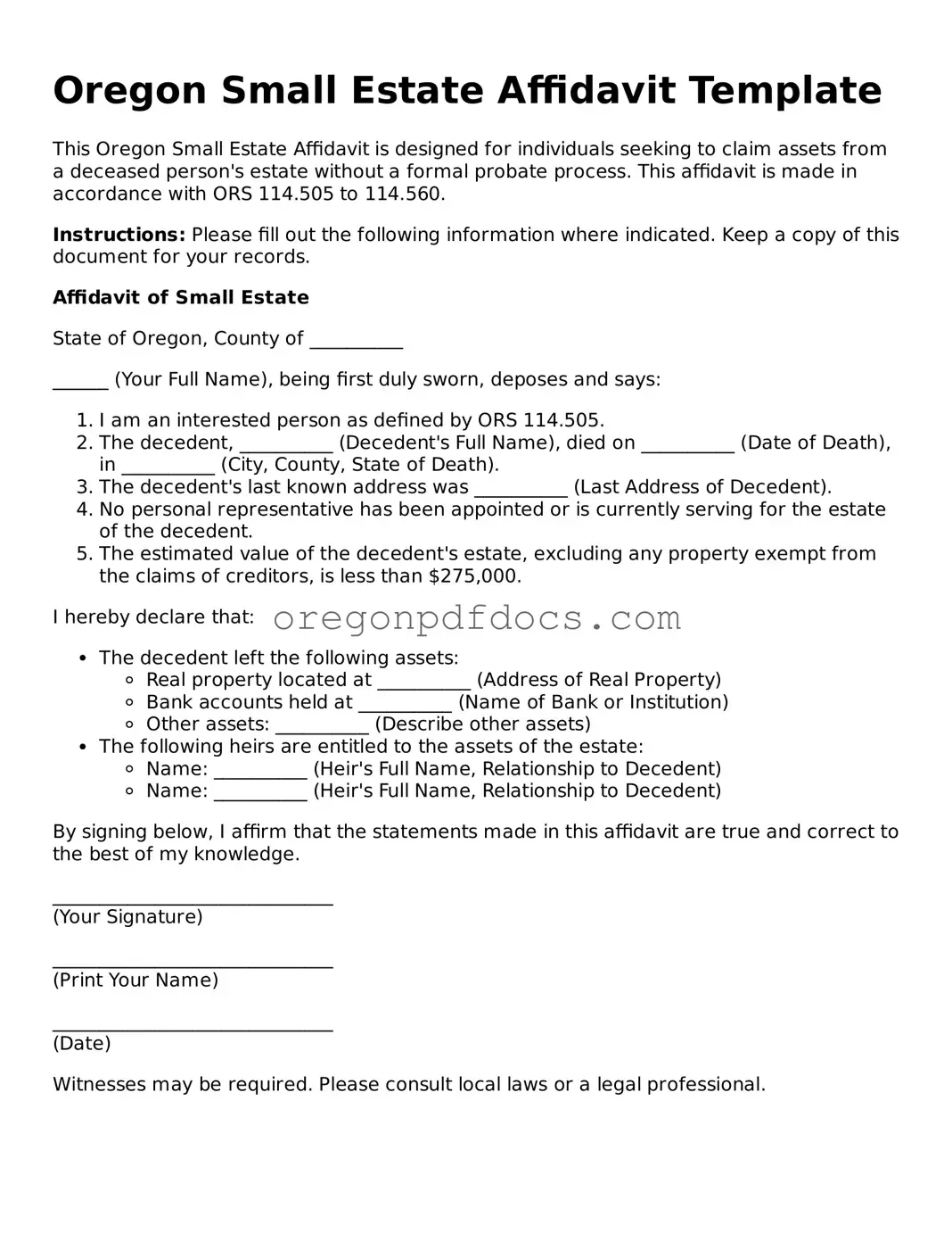 Printable Oregon Small Estate Affidavit Document