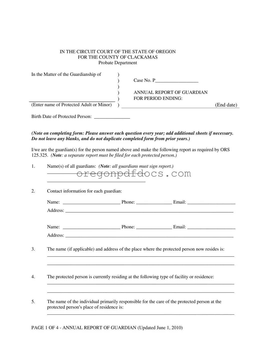 Free Oregon Annual Report Guardian Form