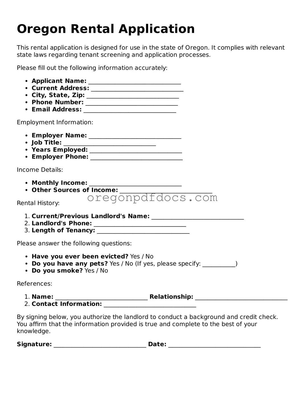 Printable Oregon Rental Application Document