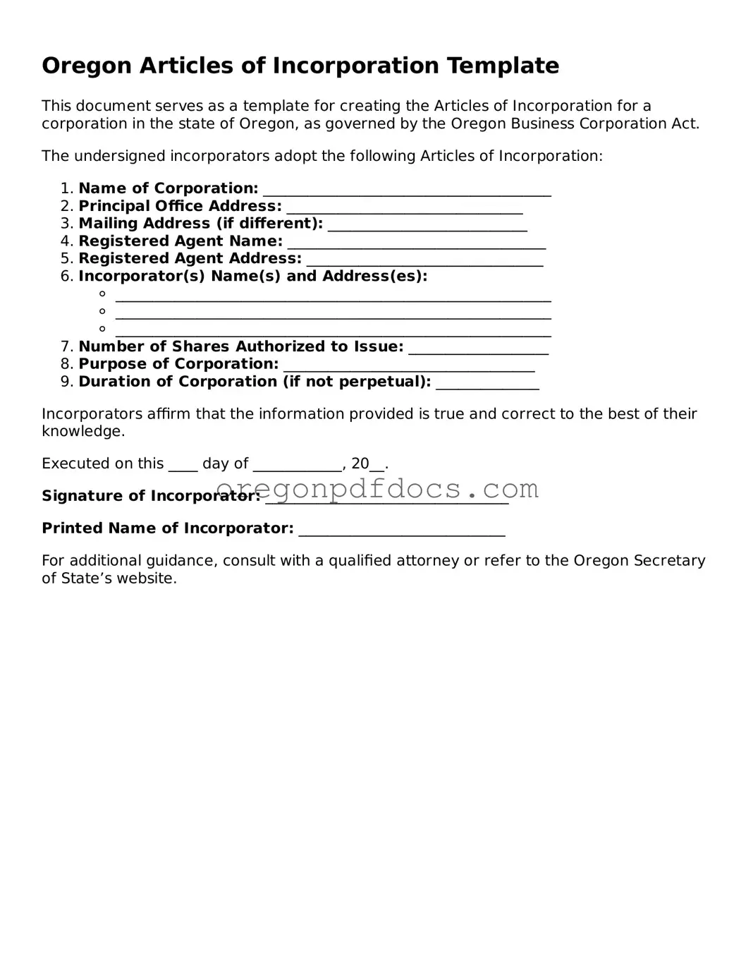 Printable Oregon Articles of Incorporation Document