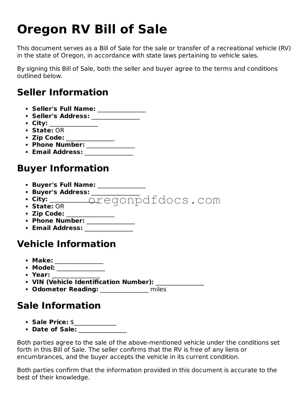 Printable Oregon RV Bill of Sale Document