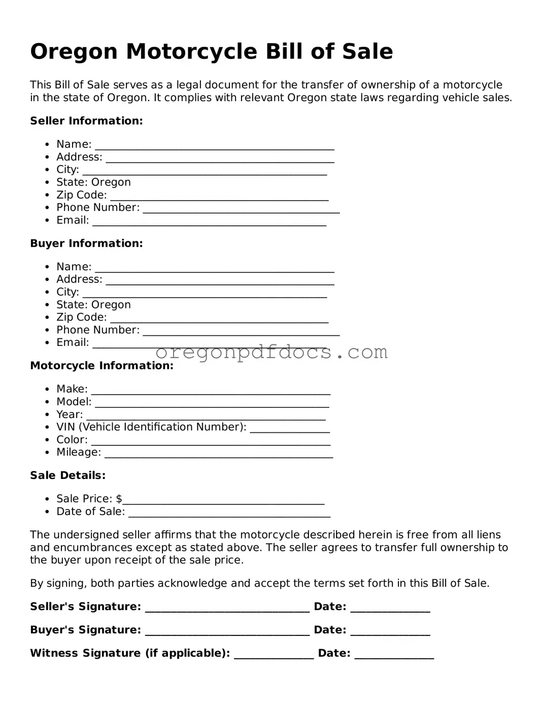 Printable Oregon Motorcycle Bill of Sale Document