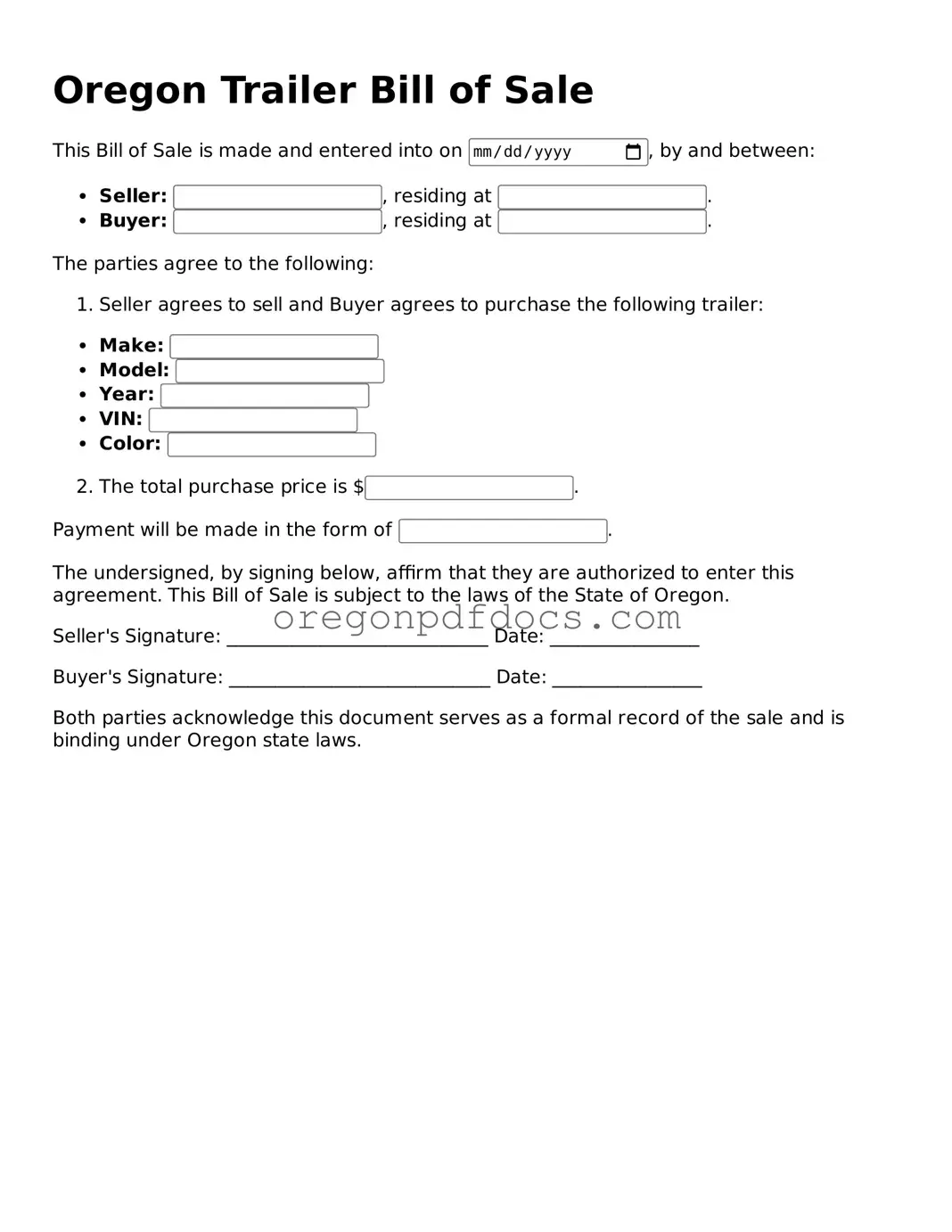 Printable Oregon Trailer Bill of Sale Document