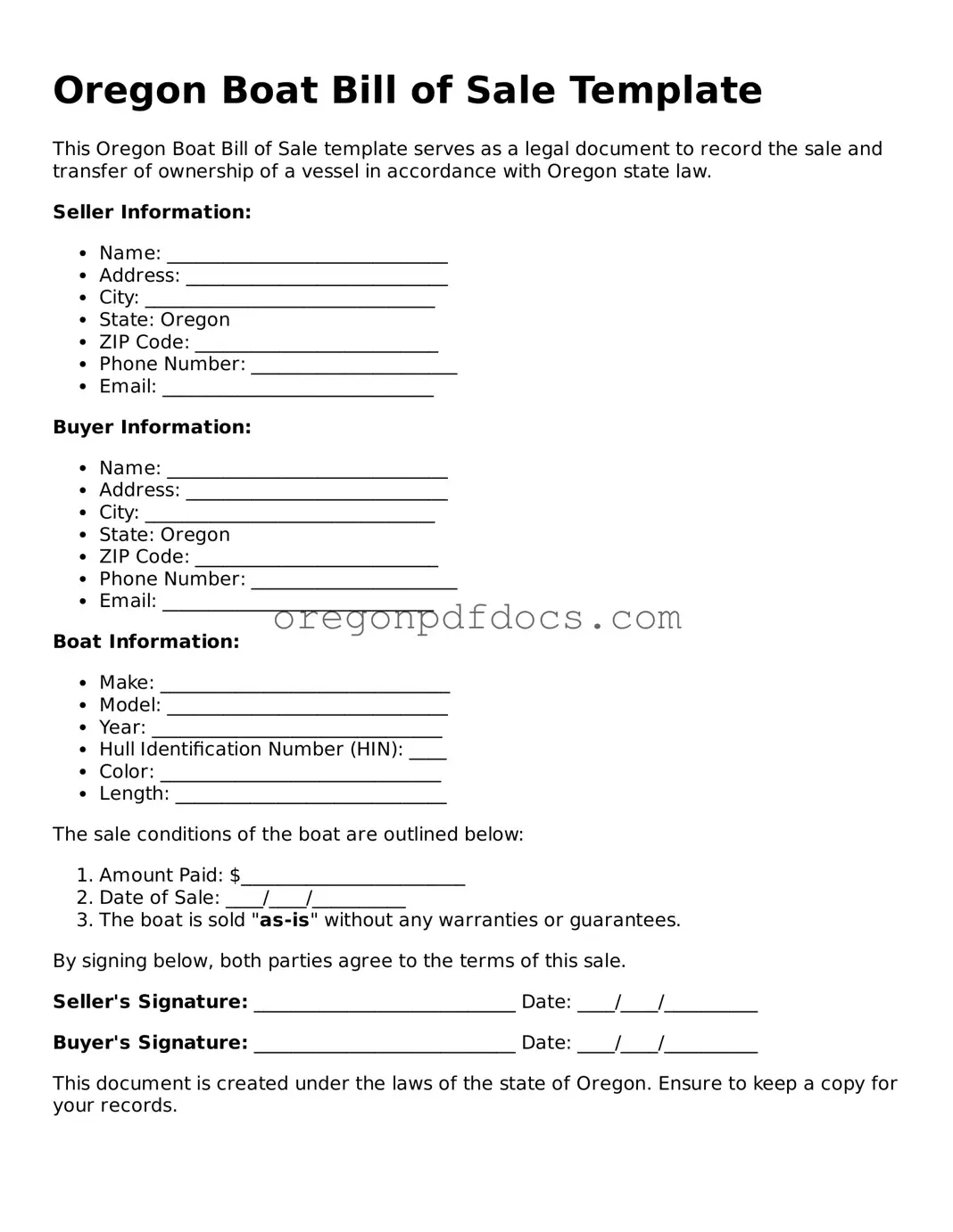 Printable Oregon Boat Bill of Sale Document