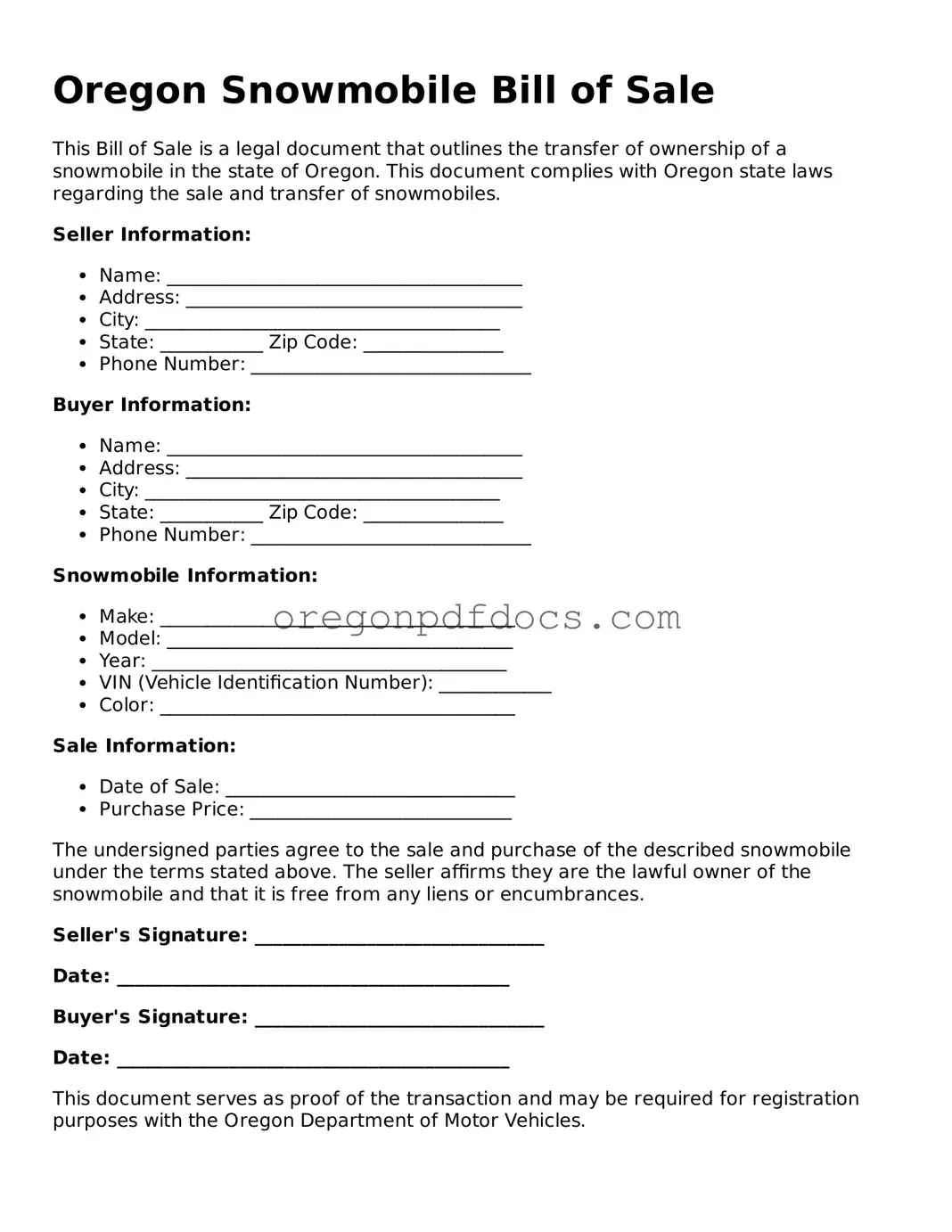 Printable Oregon Snowmobile Bill of Sale Document