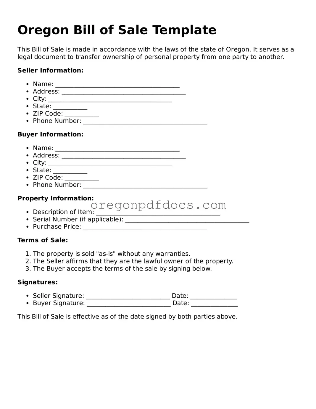Printable Oregon Bill of Sale Document
