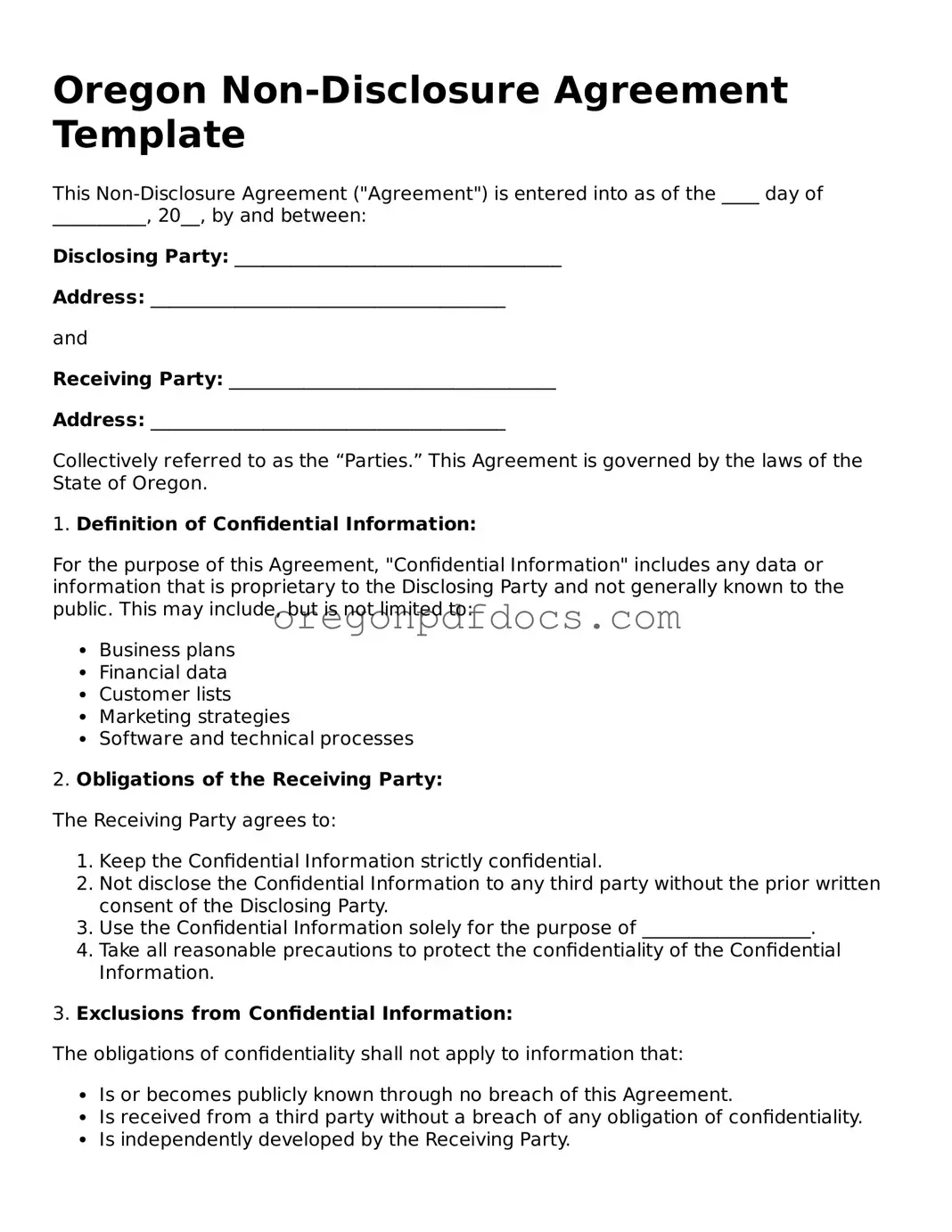 Printable Oregon Non-disclosure Agreement Document