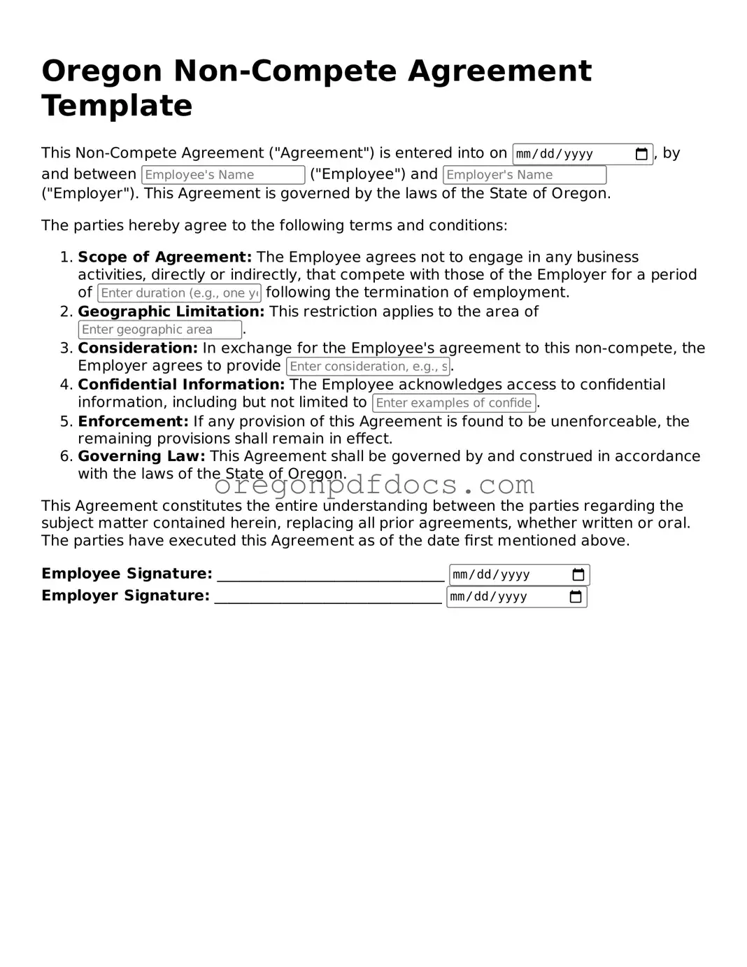 Printable Oregon Non-compete Agreement Document