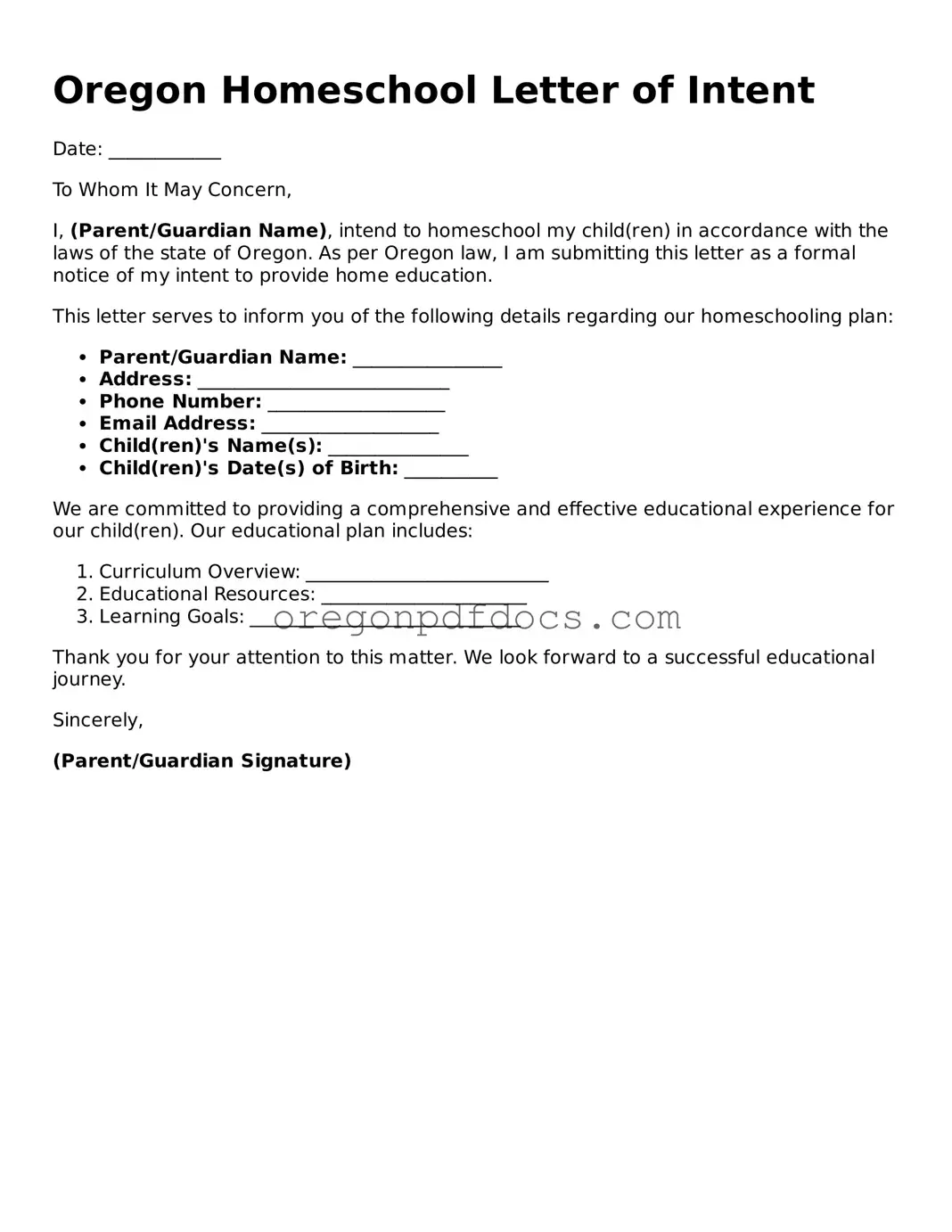 Printable Oregon Homeschool Letter of Intent Document