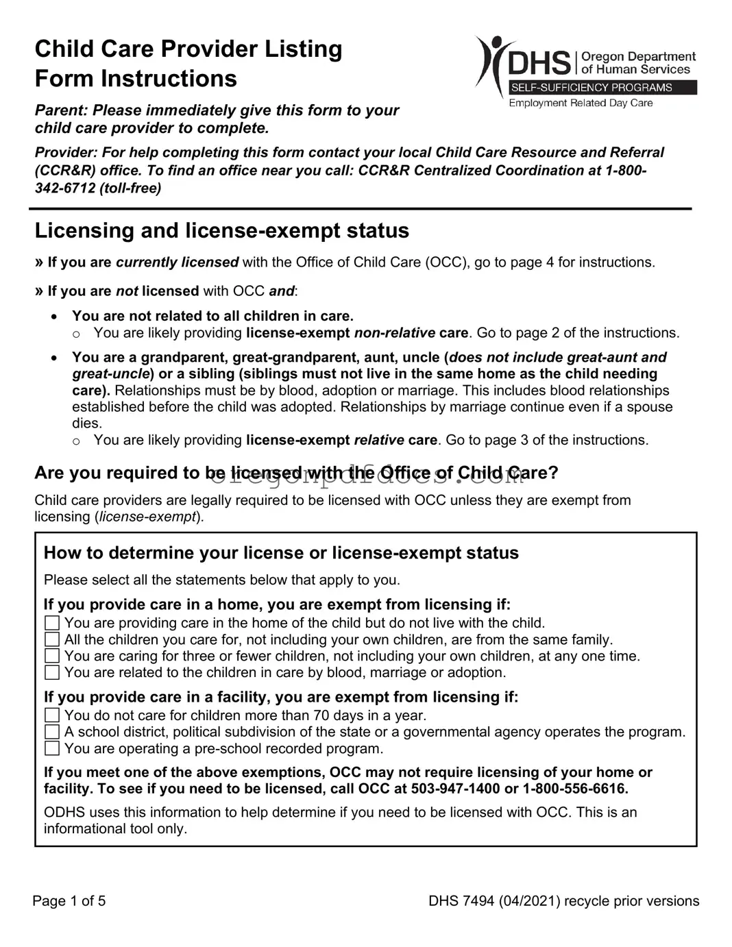 Free Oregon Dhs Child Care Provider Form