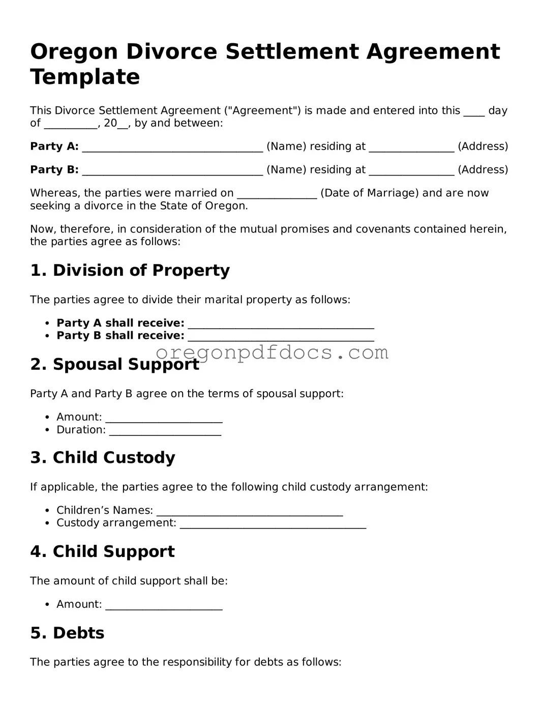 Printable Oregon Divorce Settlement Agreement Document