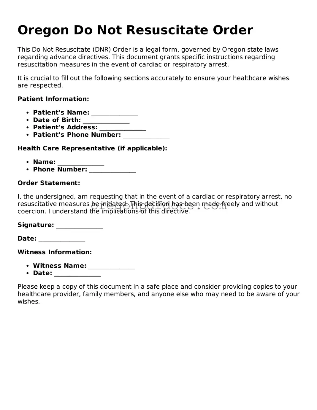 Printable Oregon Do Not Resuscitate Order Document