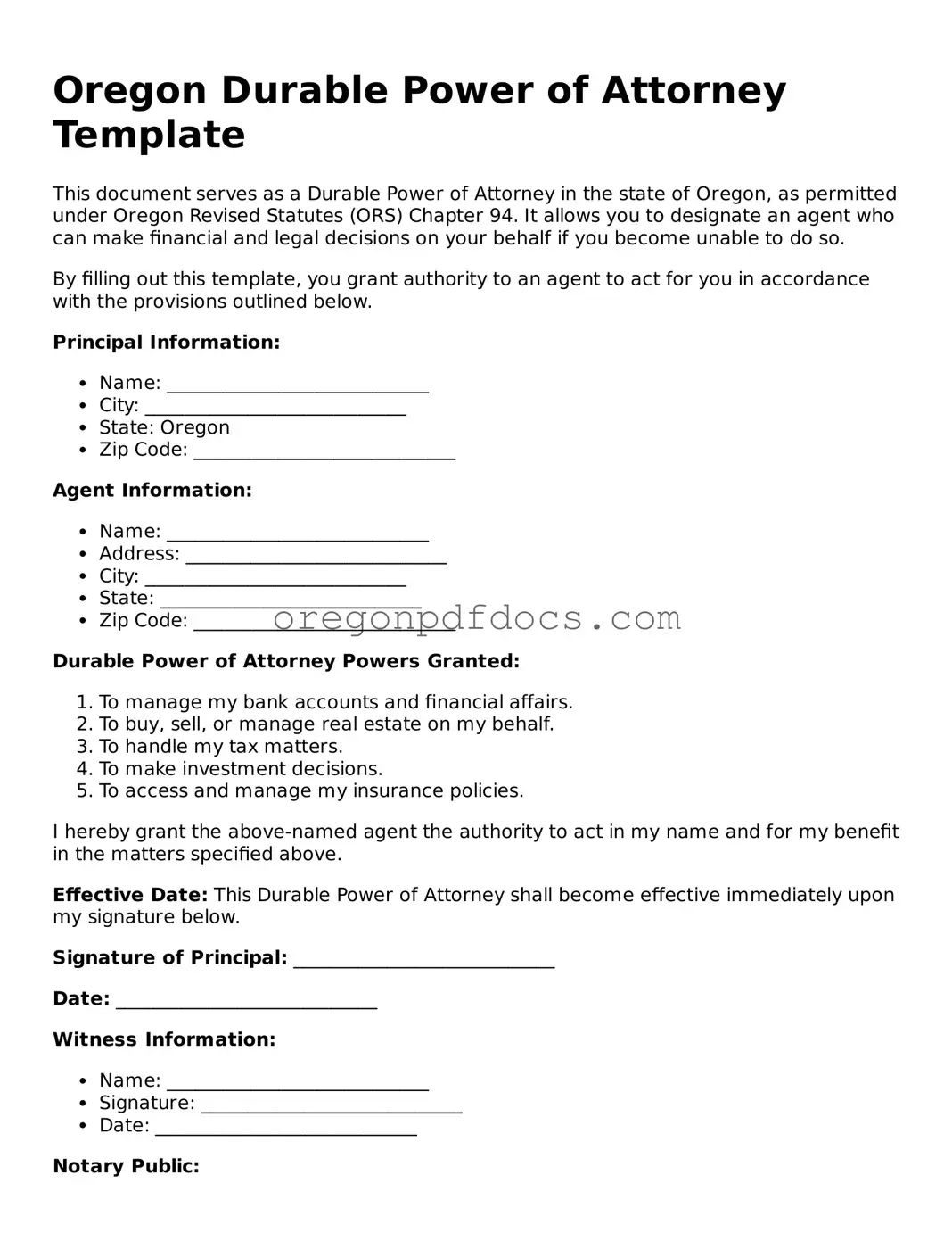 Printable Oregon Durable Power of Attorney Document