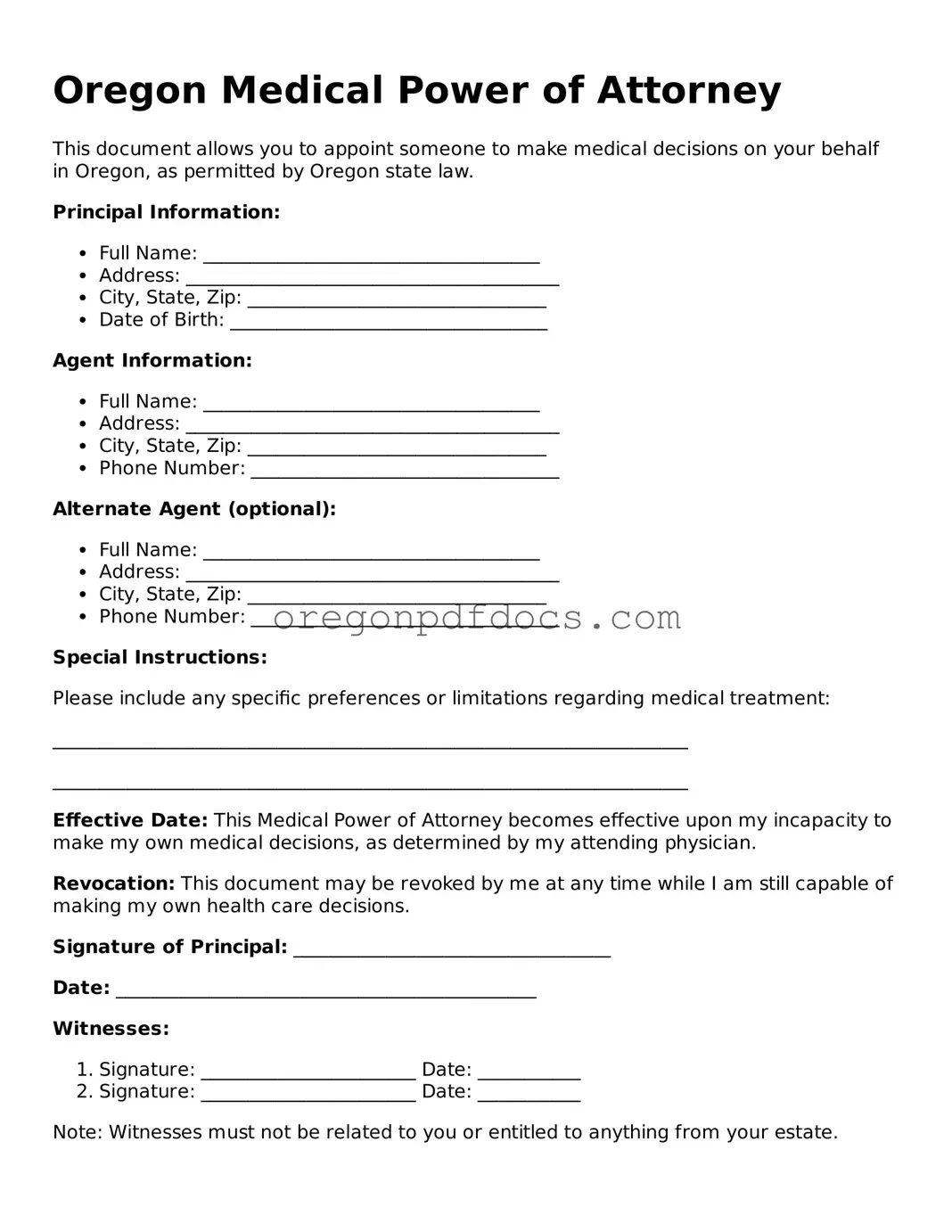Printable Oregon Medical Power of Attorney Document