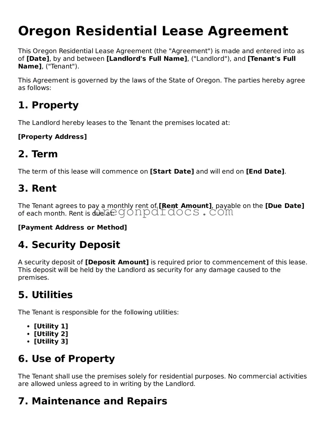 Printable Oregon Residential Lease Agreement Document