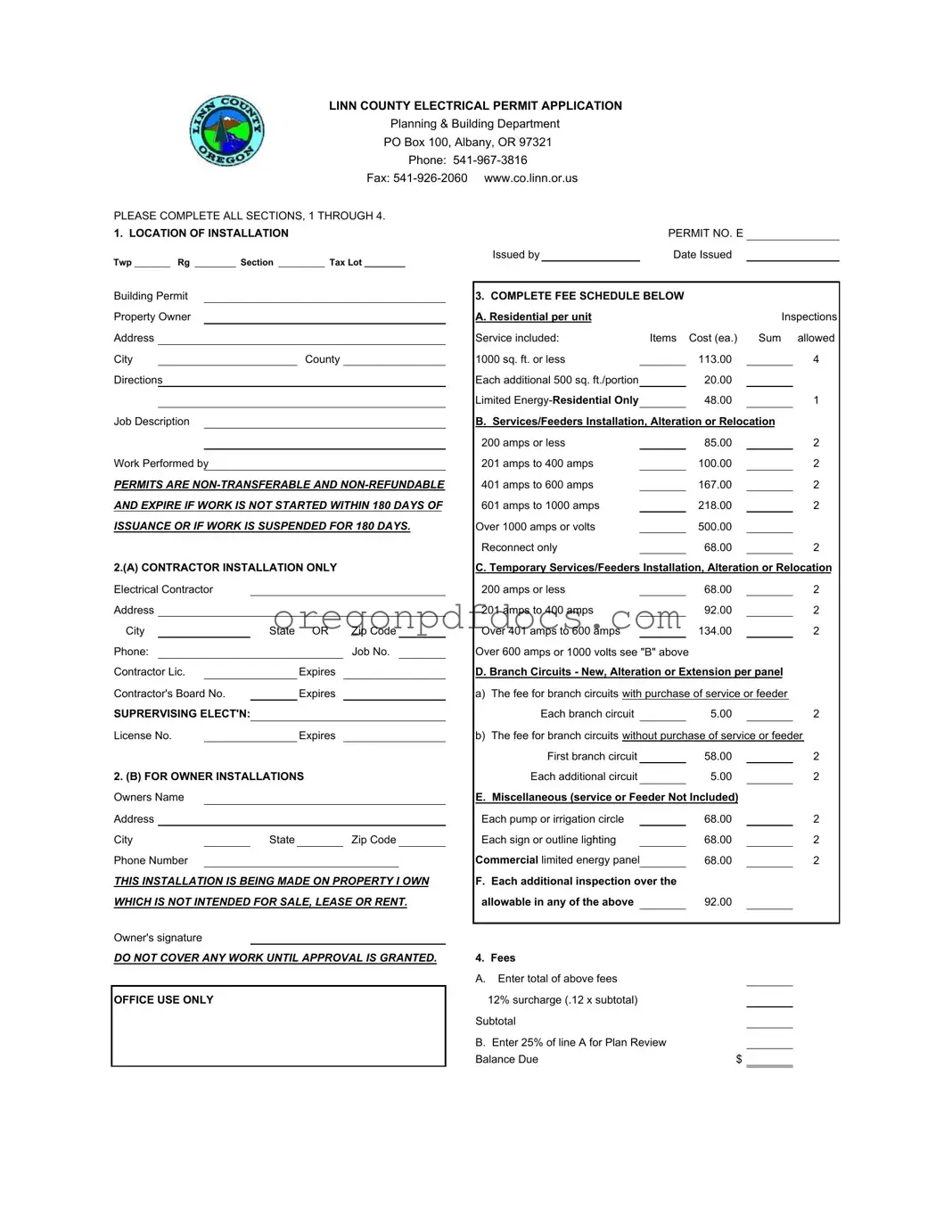 Free Oregon Electrical Permit Application Linn Form