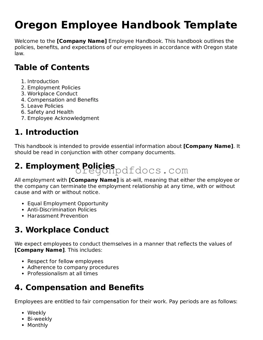 Printable Oregon Employee Handbook Document