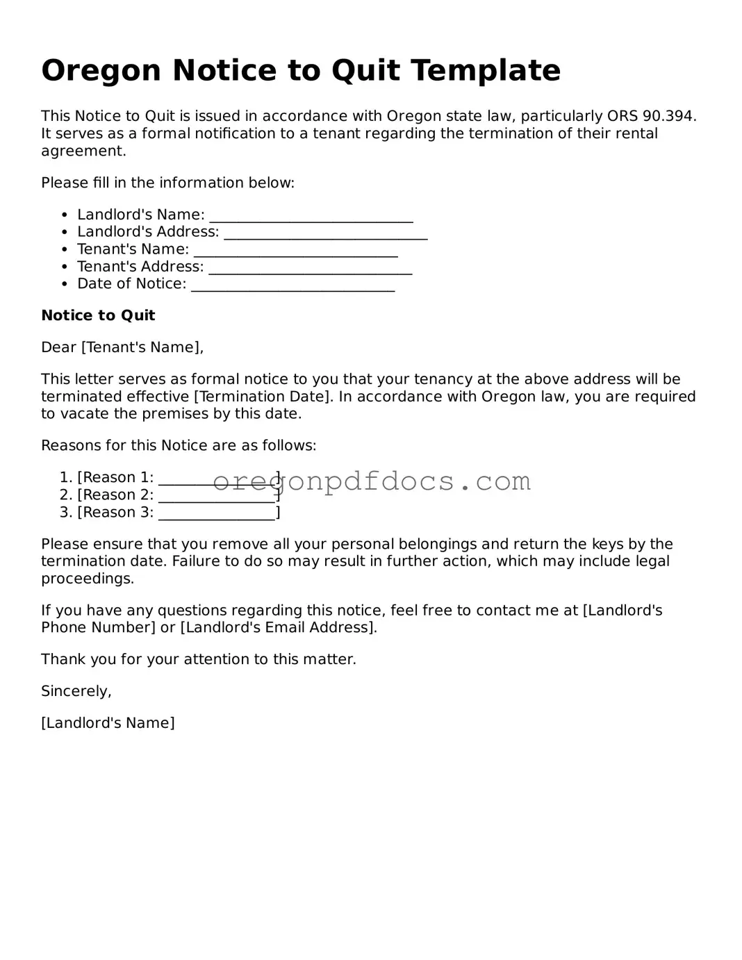 Printable Oregon Notice to Quit Document
