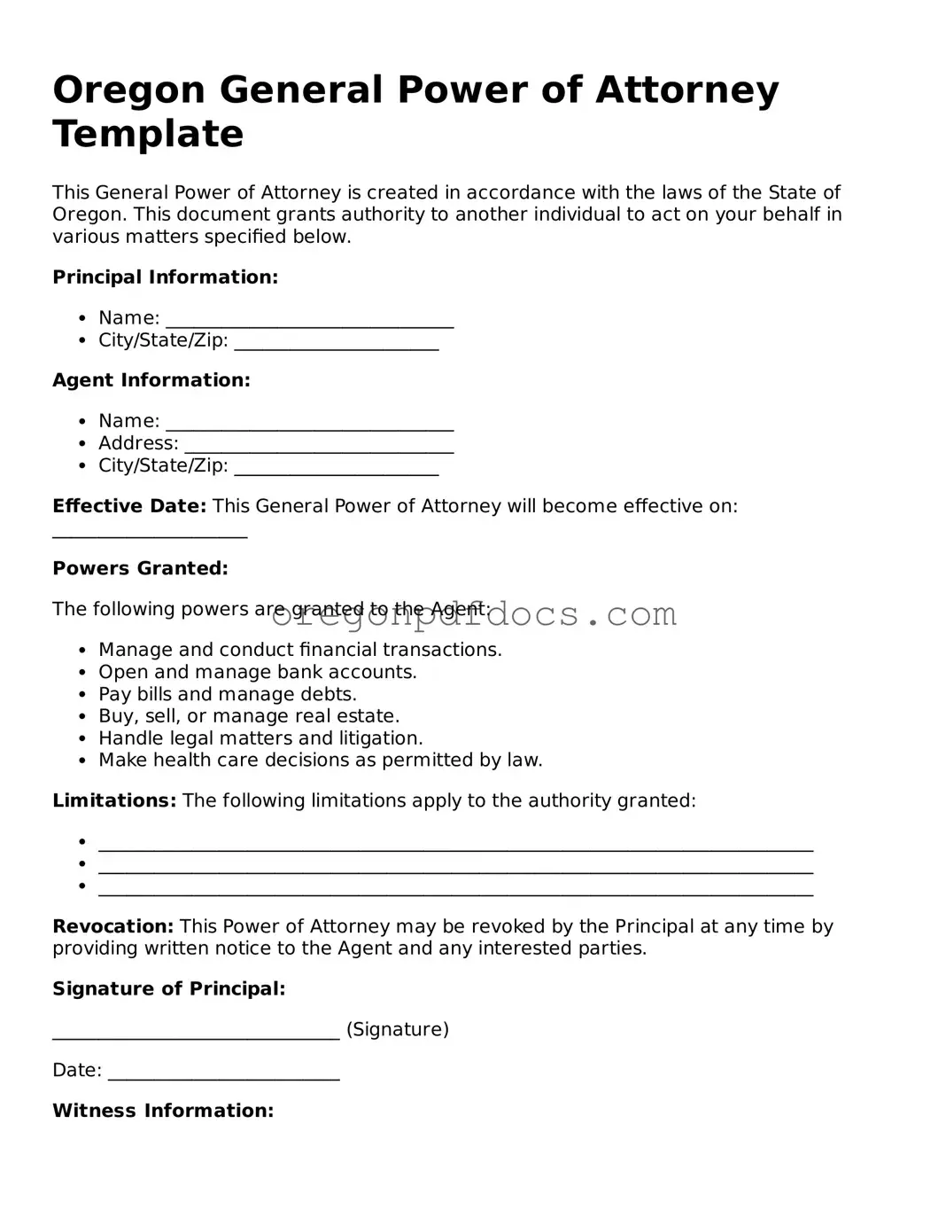 Printable Oregon General Power of Attorney Document