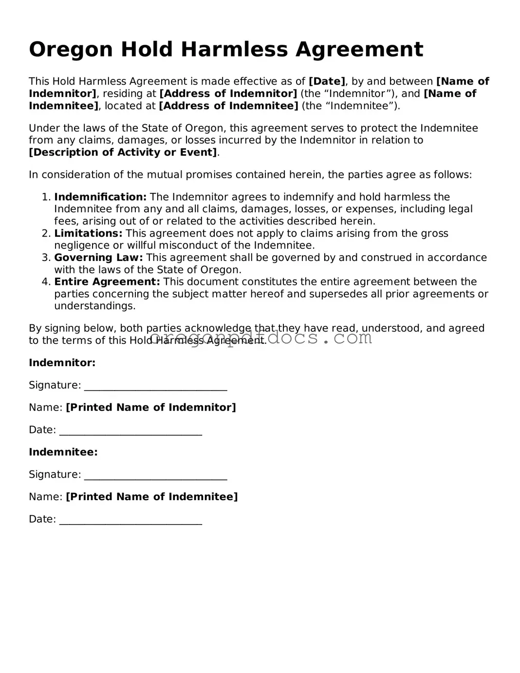 Printable Oregon Hold Harmless Agreement Document