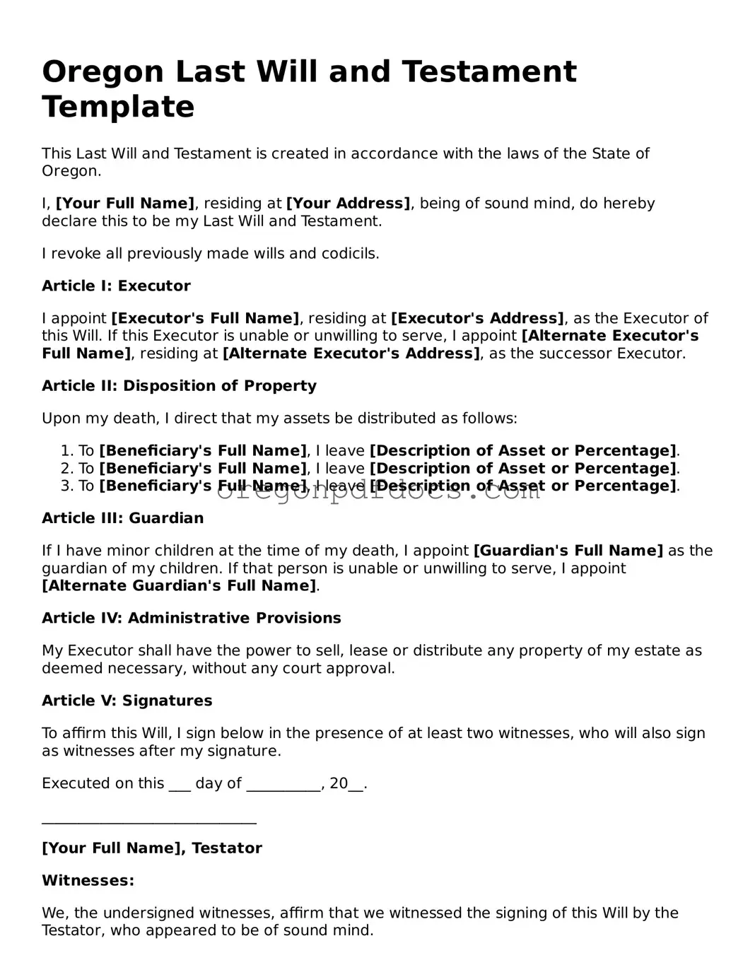 Printable Oregon Last Will and Testament Document