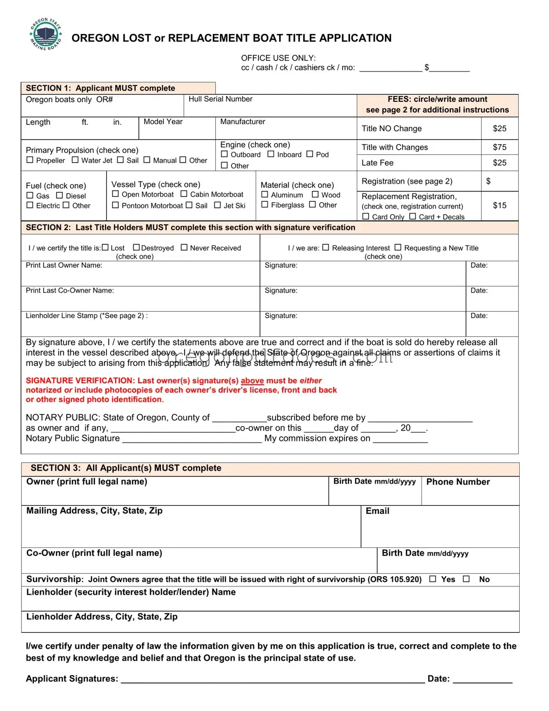 Free Oregon Lost Boat Title Application Form