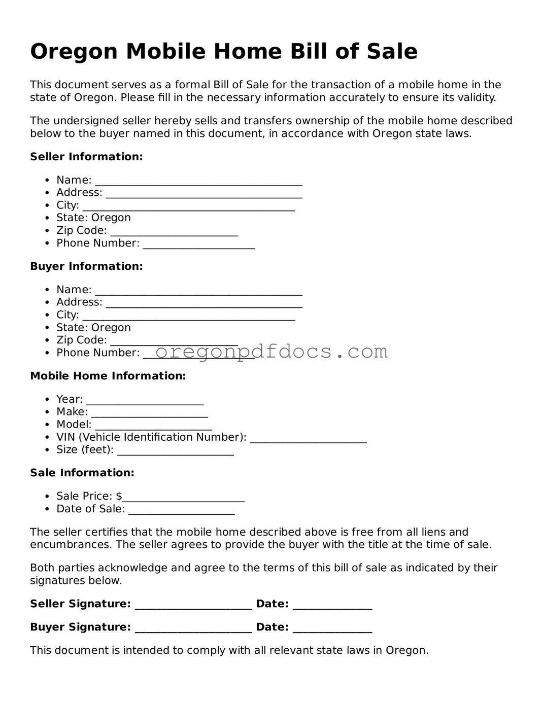 Printable Oregon Mobile Home Bill of Sale Document