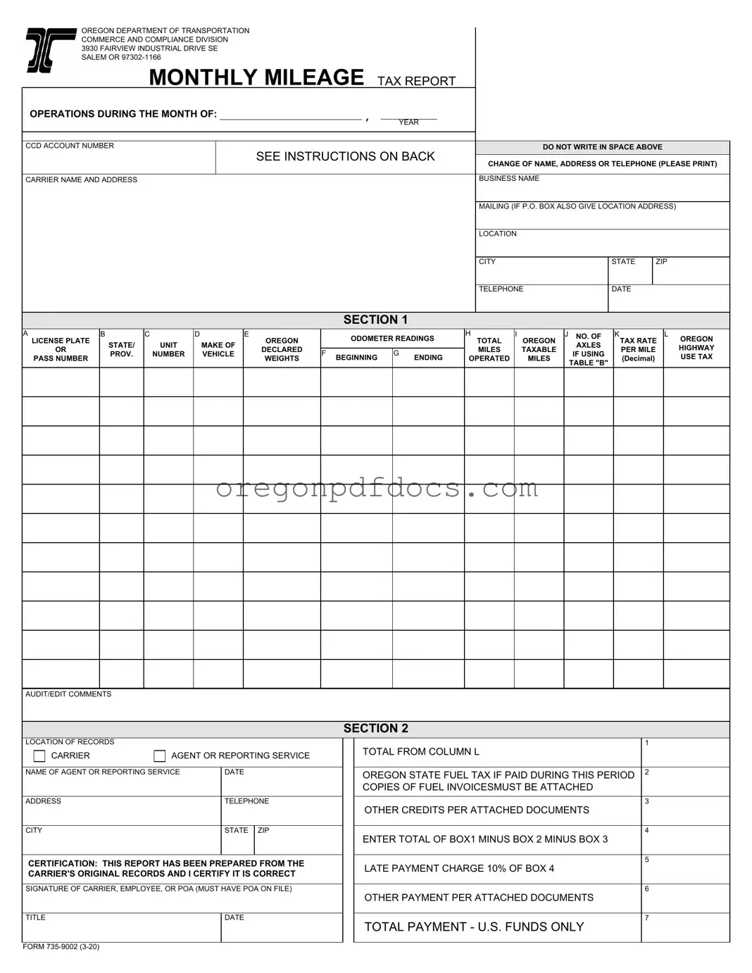 Free Oregon Monthly Mileage Tax Form