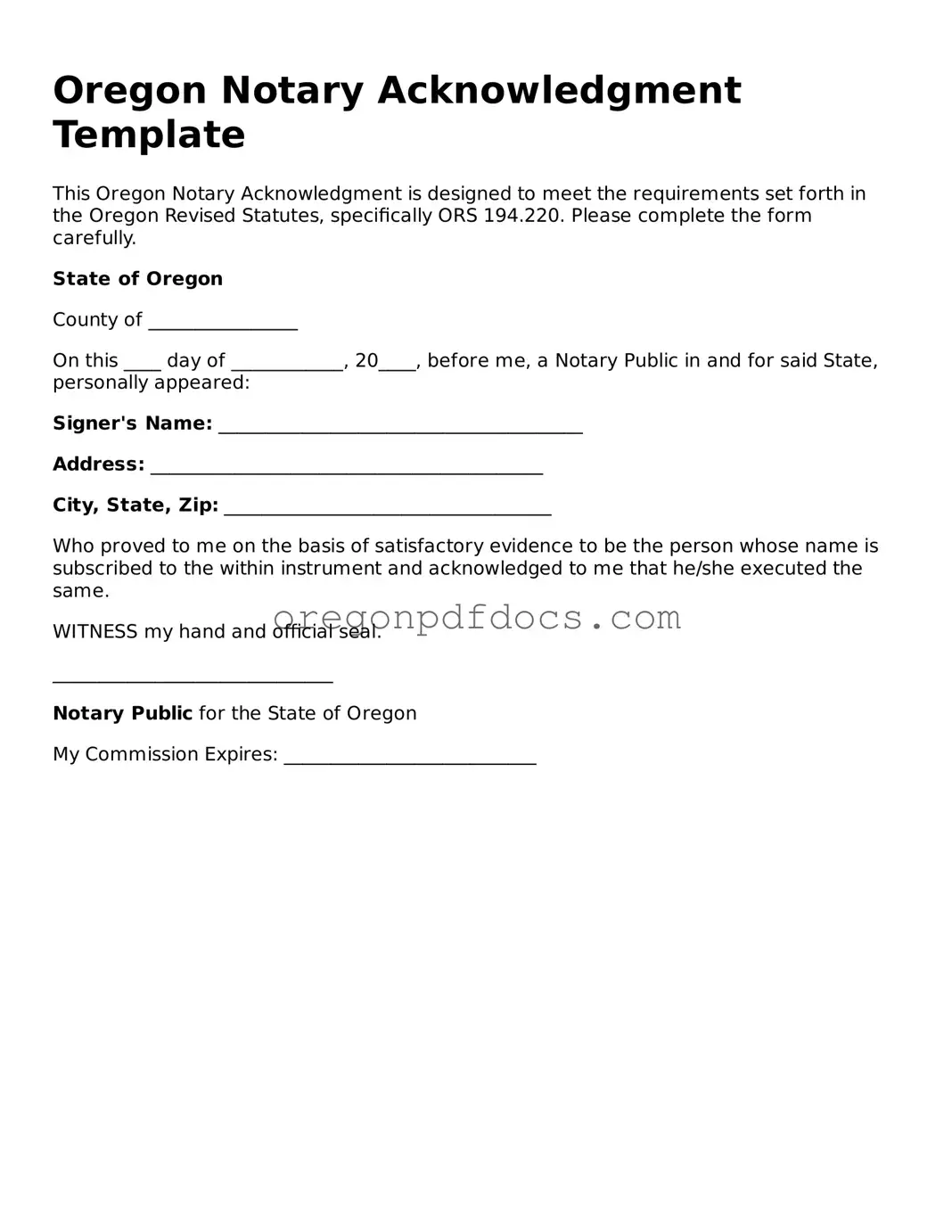 Printable Oregon Notary Acknowledgement Document