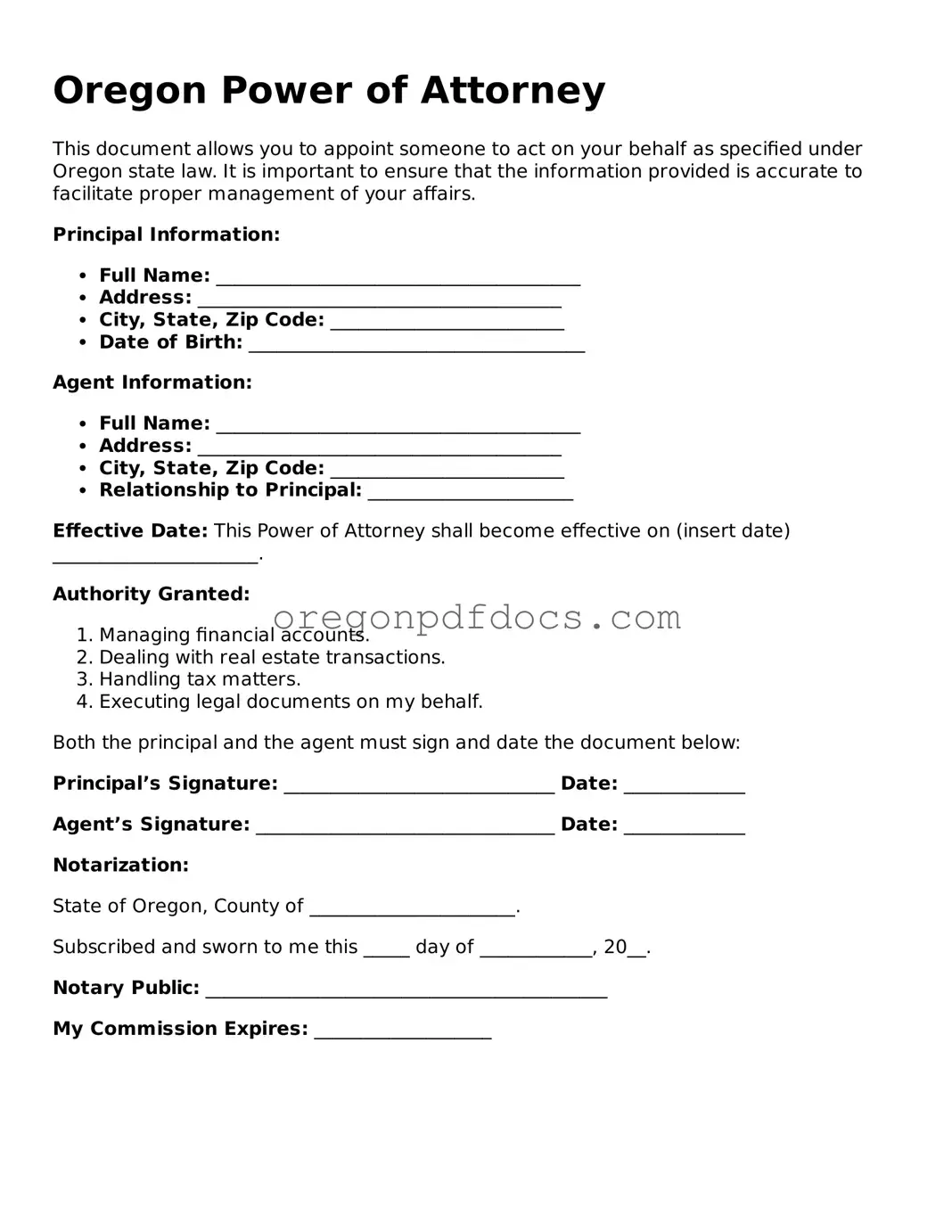 Printable Oregon Power of Attorney Document