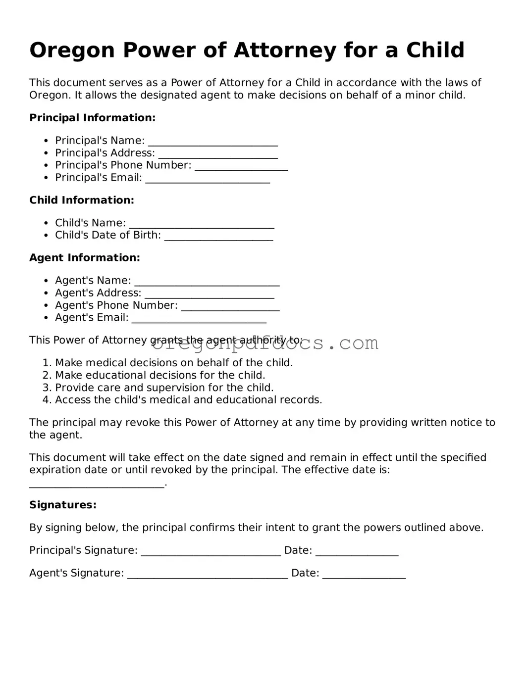 Printable Oregon Power of Attorney for a Child Document