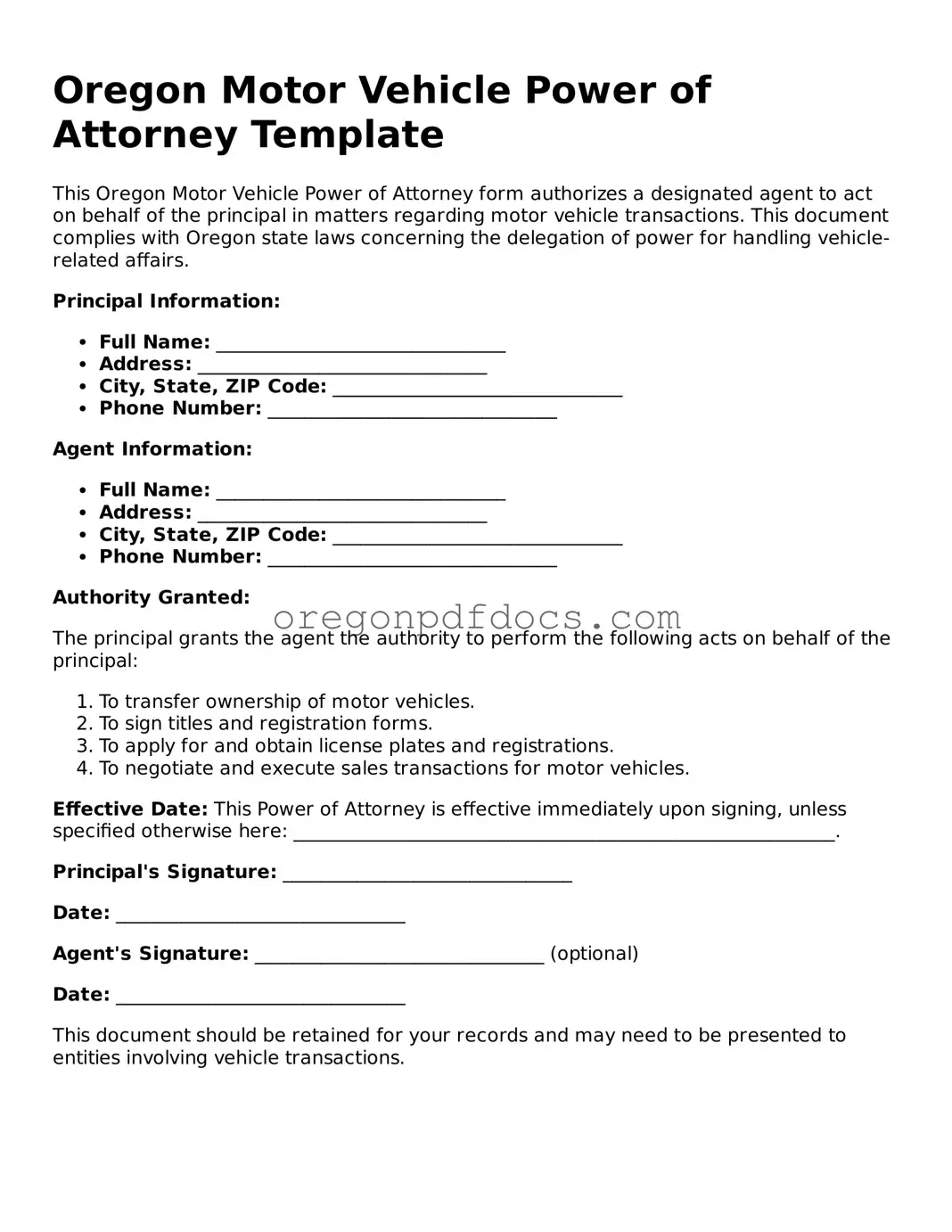 Printable Oregon Motor Vehicle Power of Attorney Document