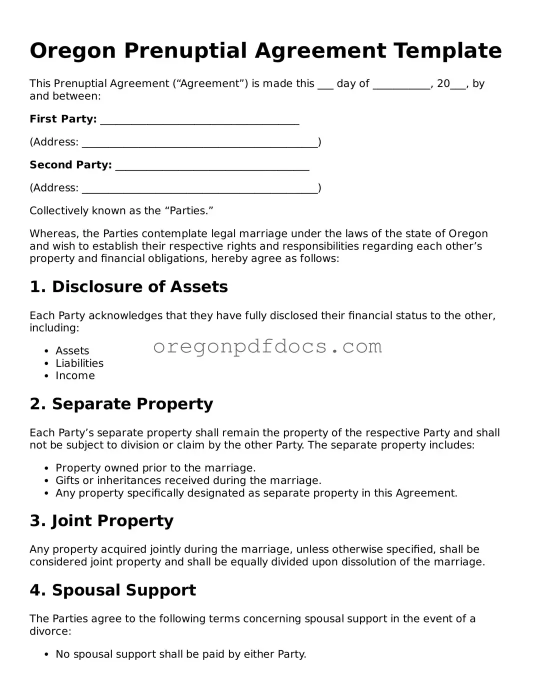 Printable Oregon Prenuptial Agreement Document