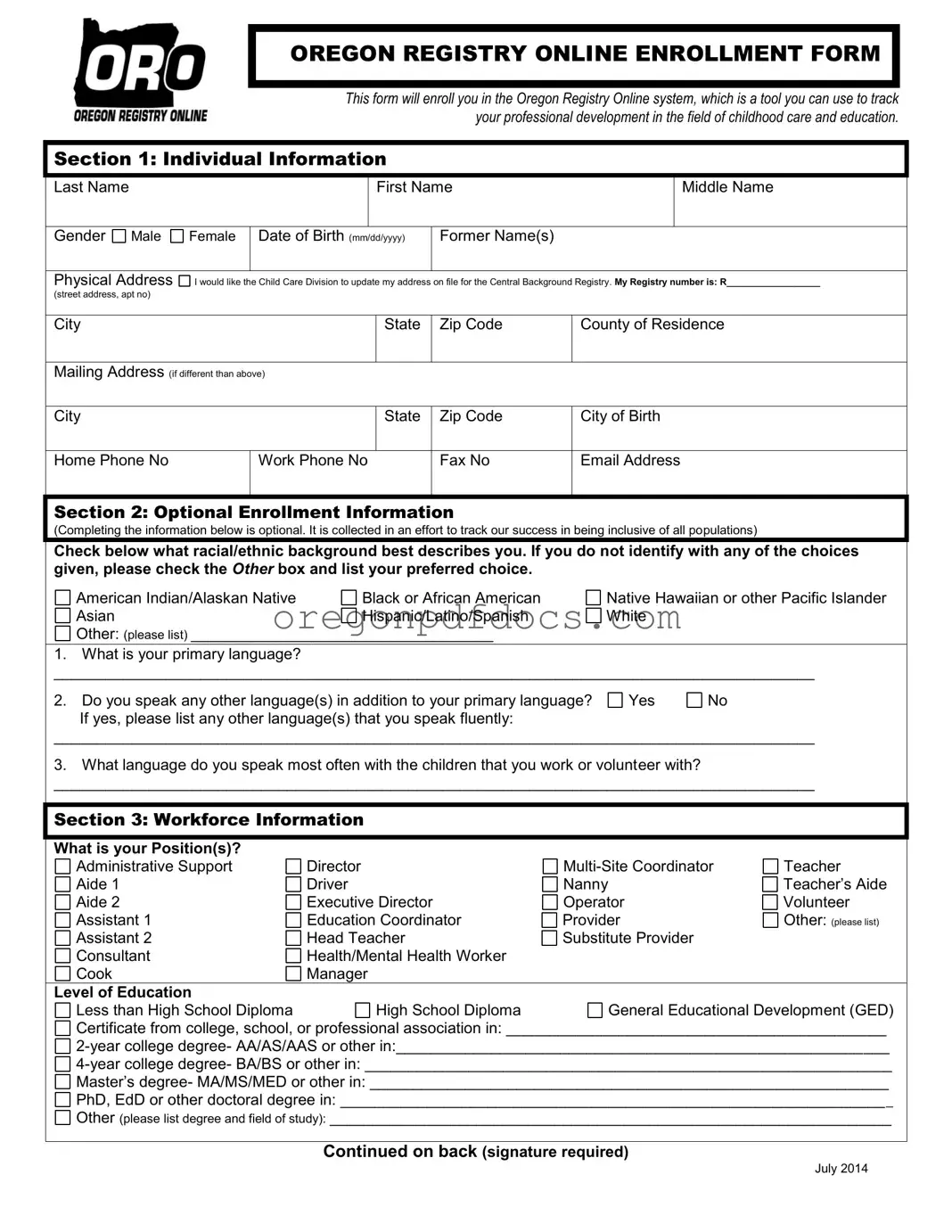 Free Oregon Registry Enrollment Form
