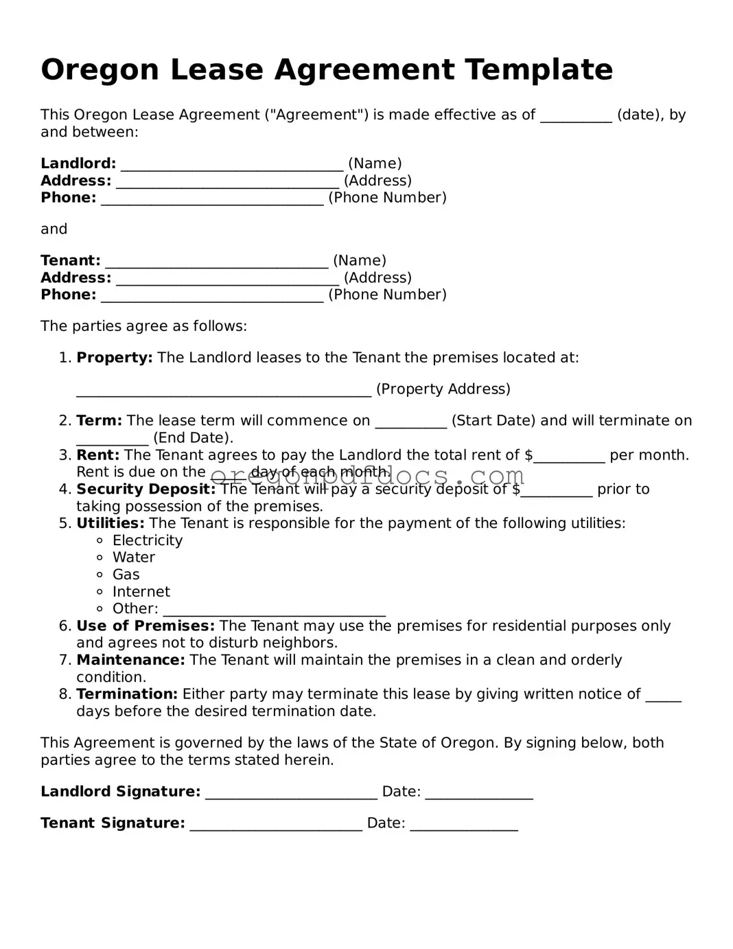 Printable Oregon Lease Agreement Document