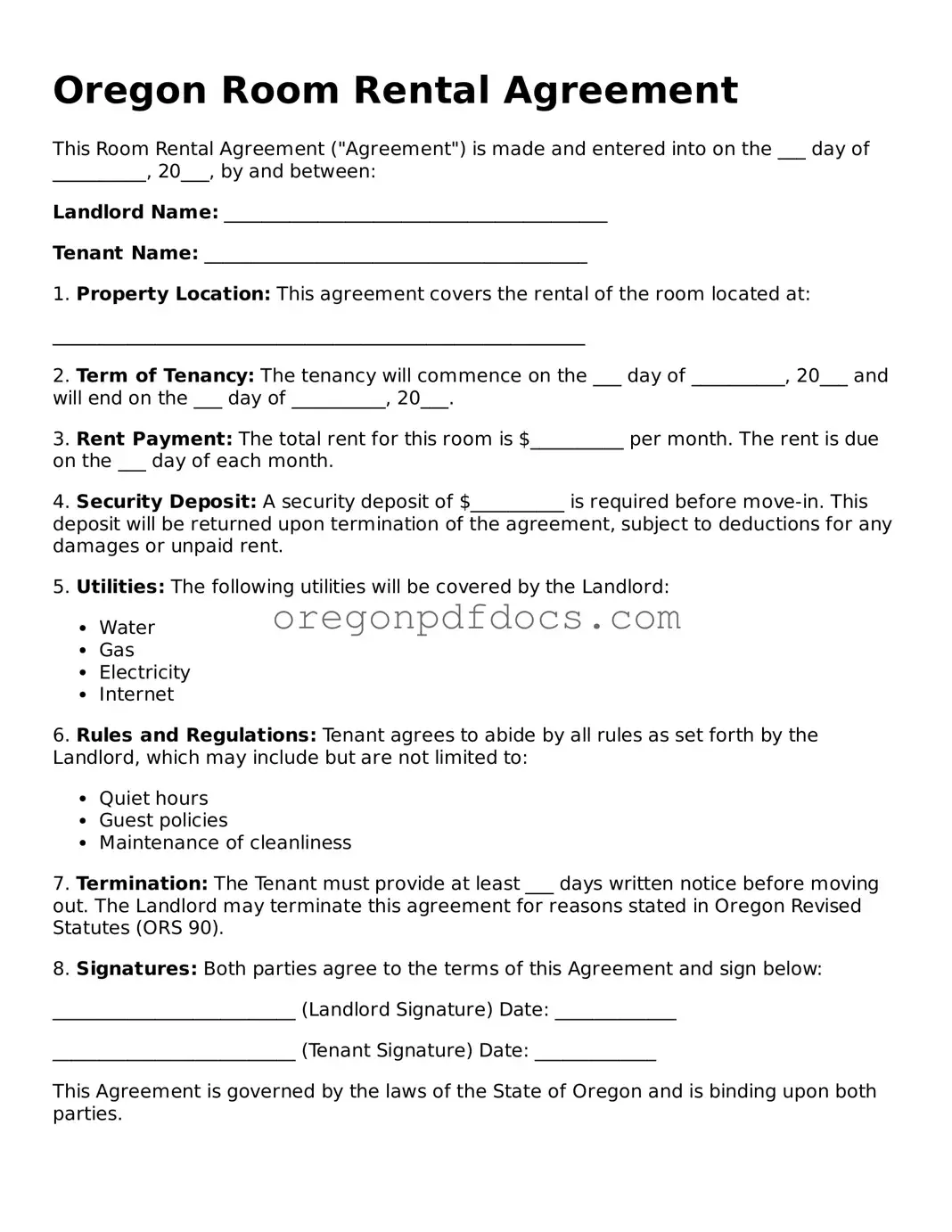 Printable Oregon Room Rental Agreement Document