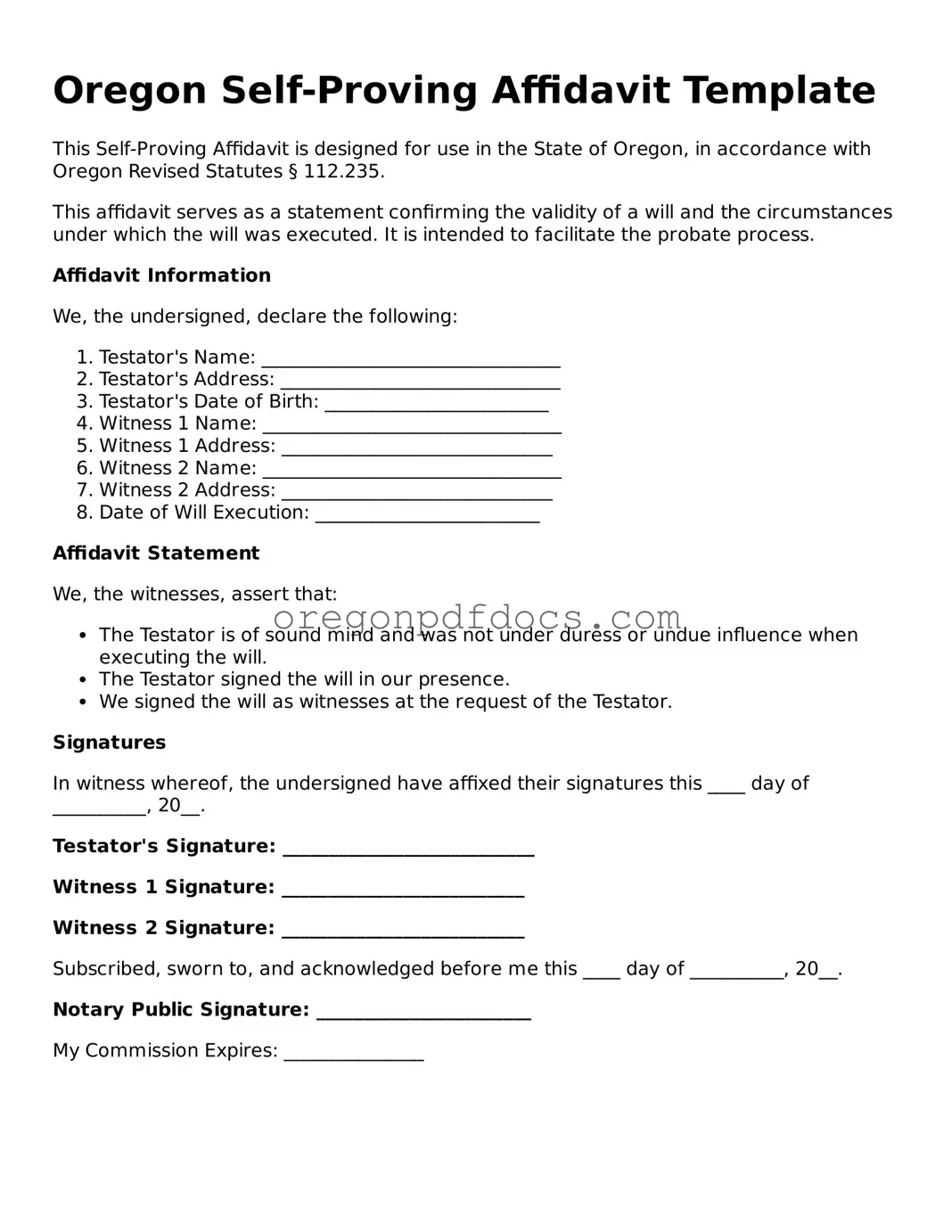 Printable Oregon Self-Proving Affidavit Document