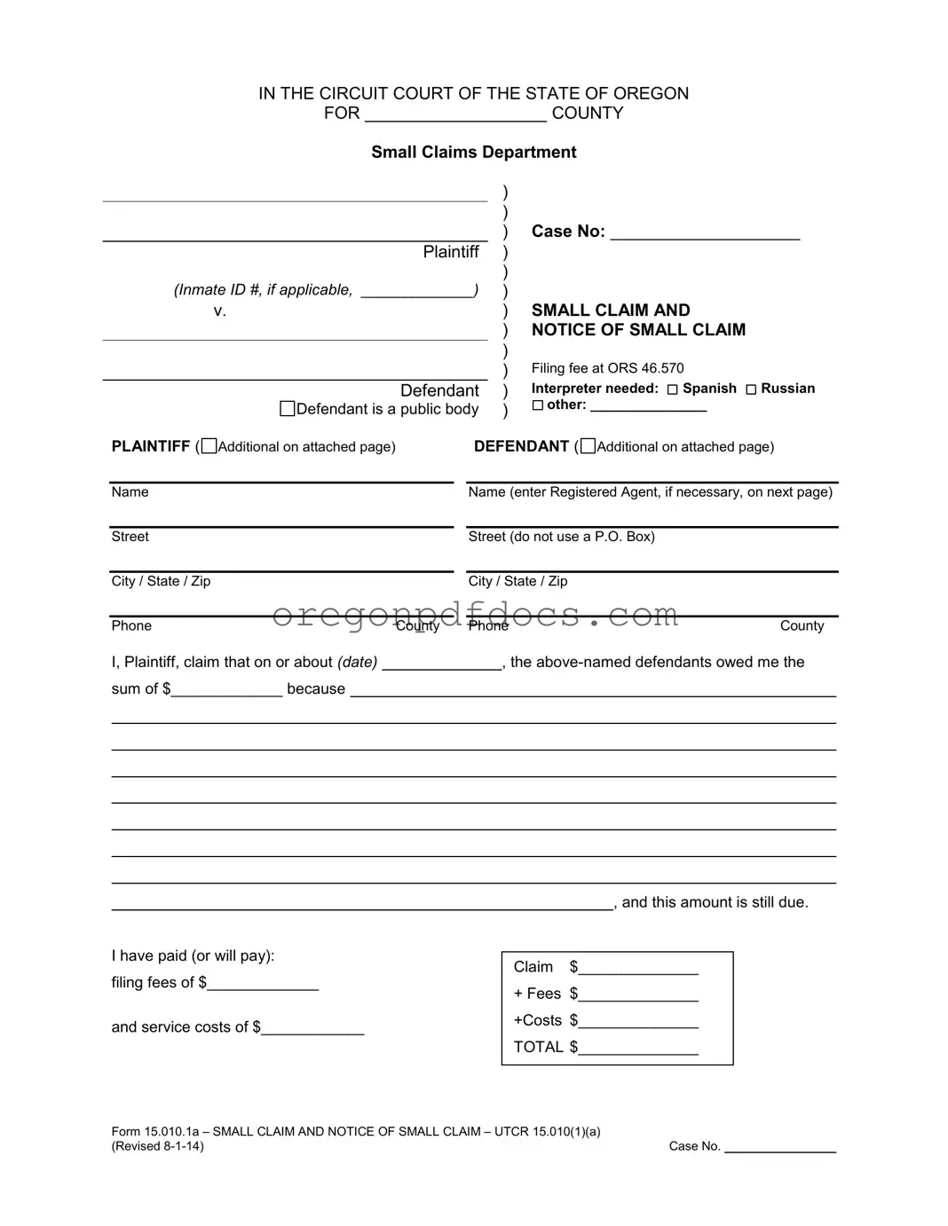 Free Oregon Small Claim Form