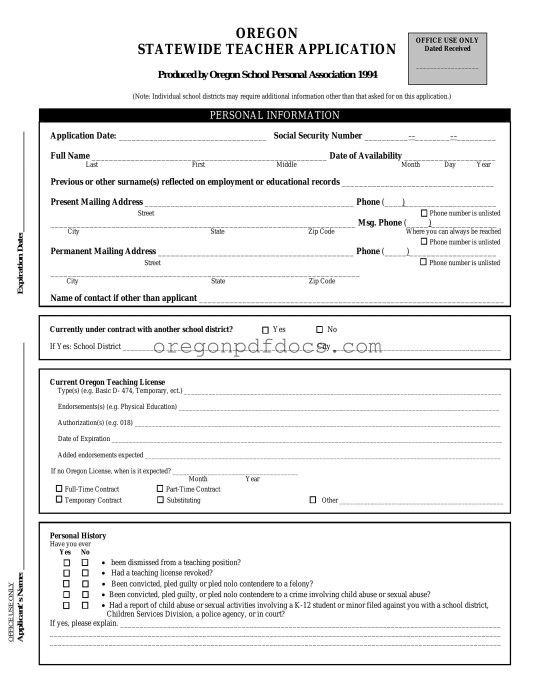 Free Oregon Teacher Application Form