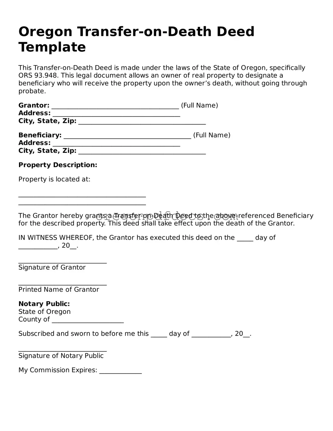Printable Oregon Transfer-on-Death Deed Document