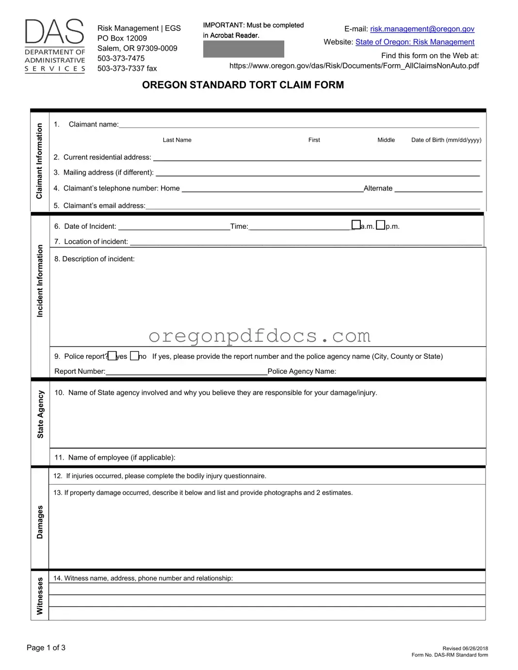 Free Oregon Tort Claim Form