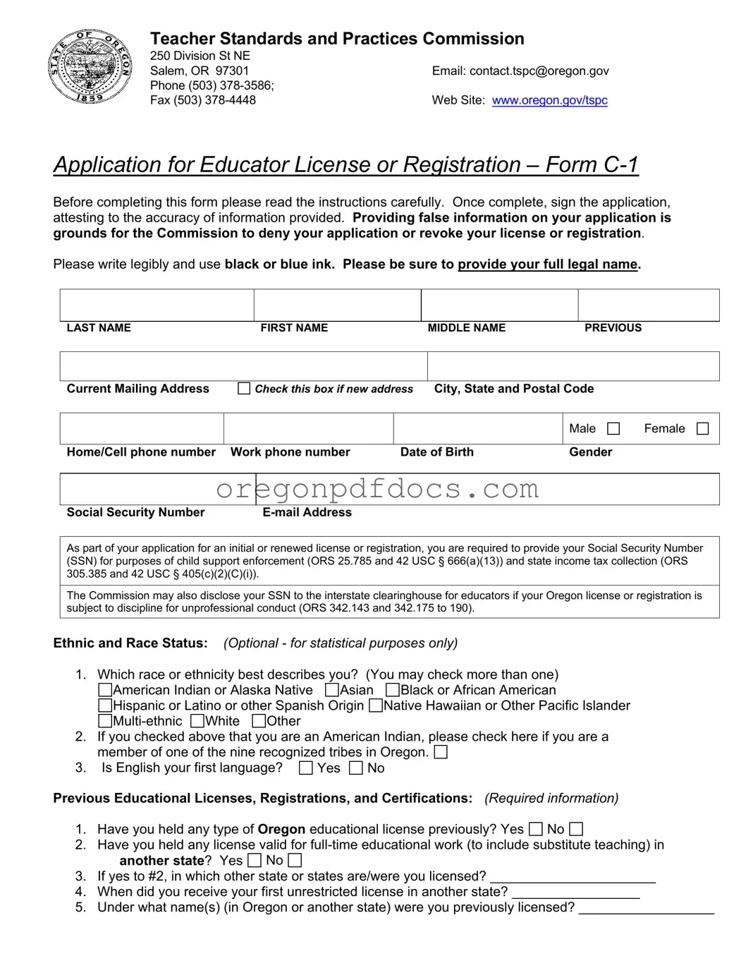 Free Oregon Tspc C 1 Form