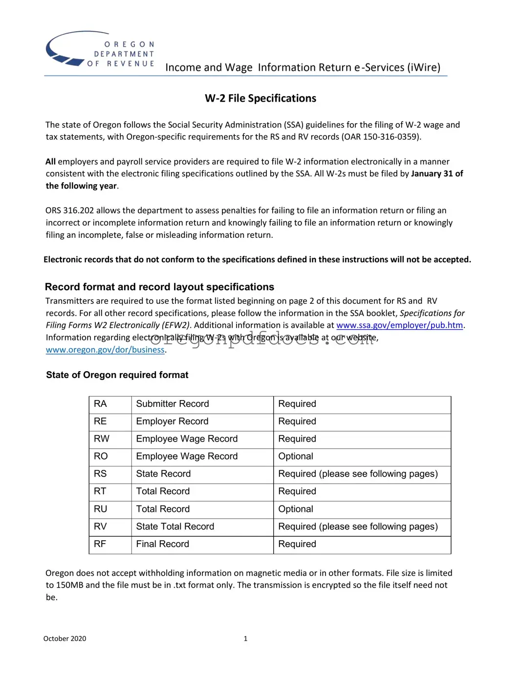 Free Oregon W2 Form