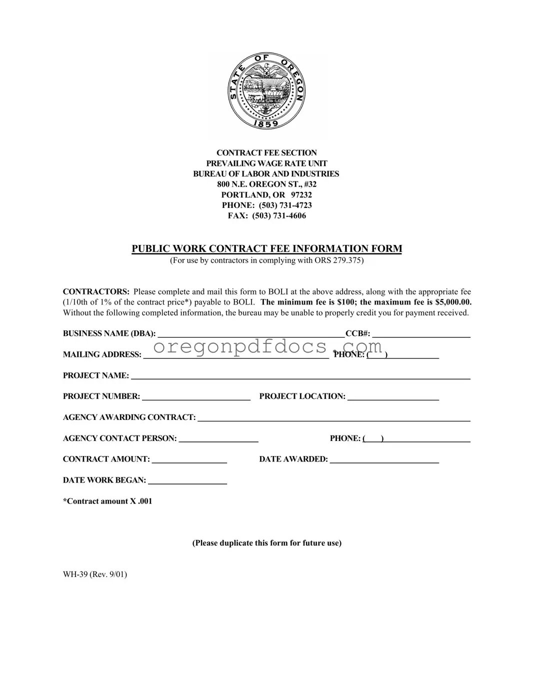 Free Oregon Wh 39 Form