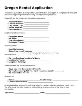 Printable Oregon Rental Application Document