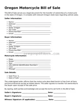 Printable Oregon Motorcycle Bill of Sale Document